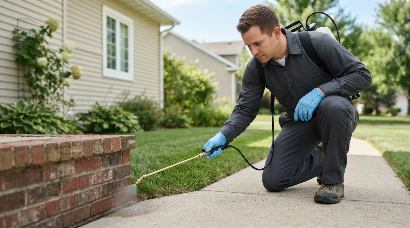 Pest control technician treating a home near Walnut Creek, OH